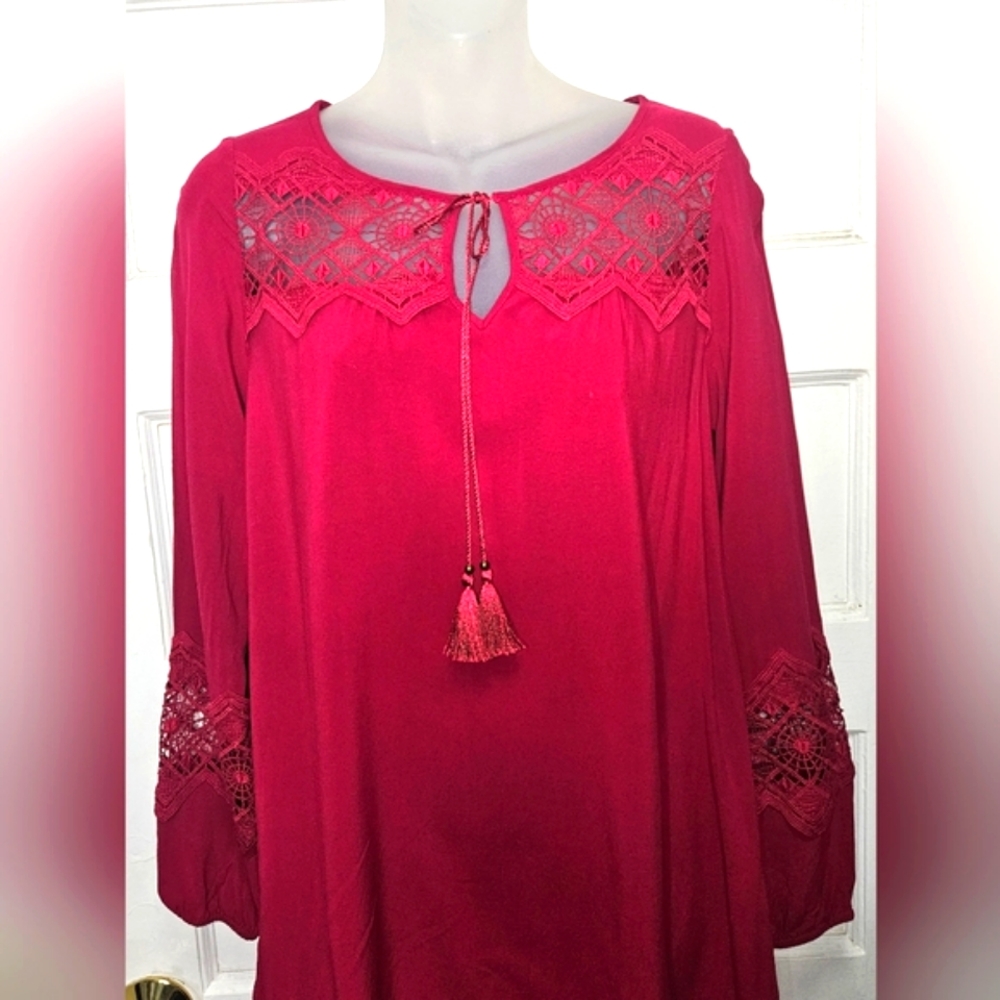 Express Raspberry Red Embroidered Chest W/Tassel Drawstring Shift Dress Sz XS - Picture 10 of 10